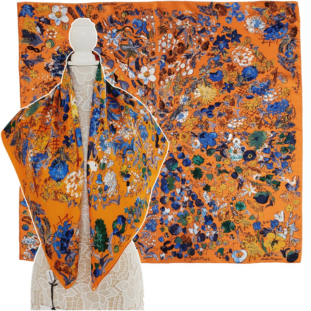 Salvatore Ferragamo Scarf Signature Flower Season Multicolor Print Silk 35"